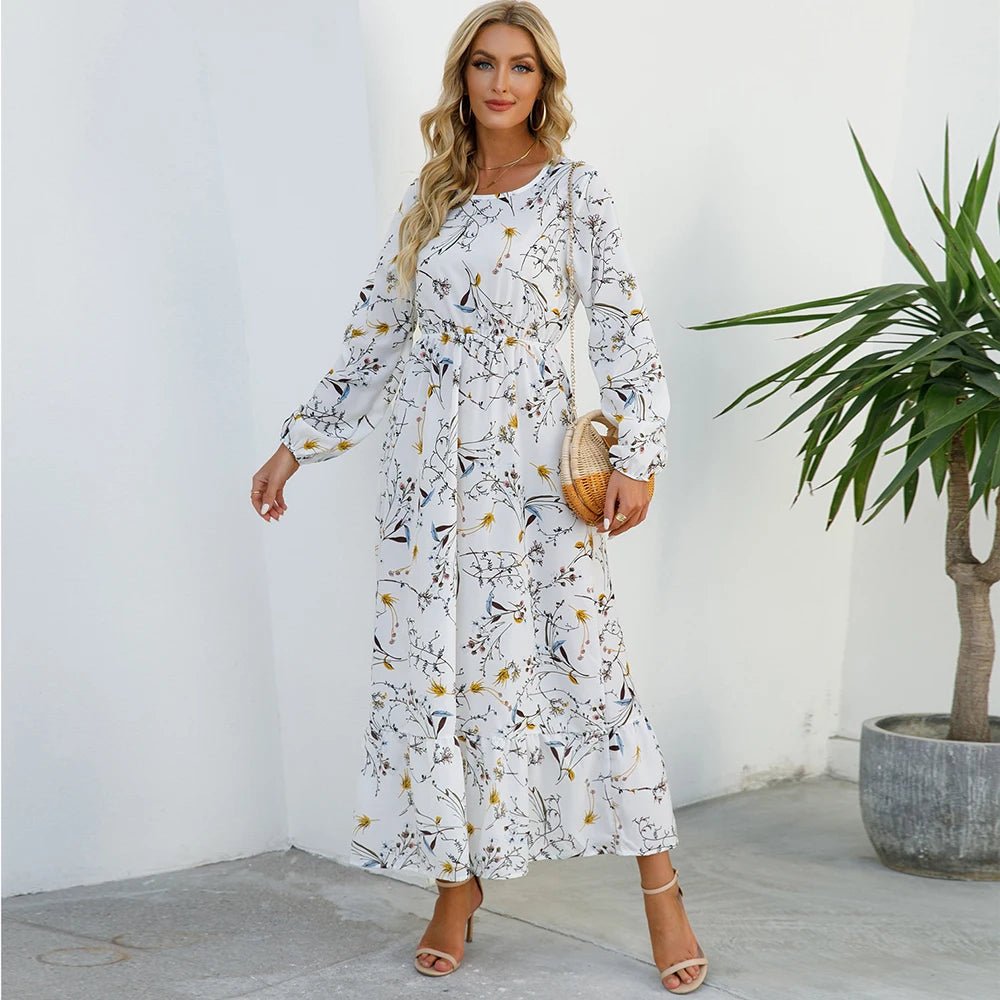 Women Maxi Dresses Sping Autumn Bohemian Casual Full Sleeve High Waist Beach Woman Chiffon Dresses Floral Vestidoes Long Dress - Clothesfassion.store