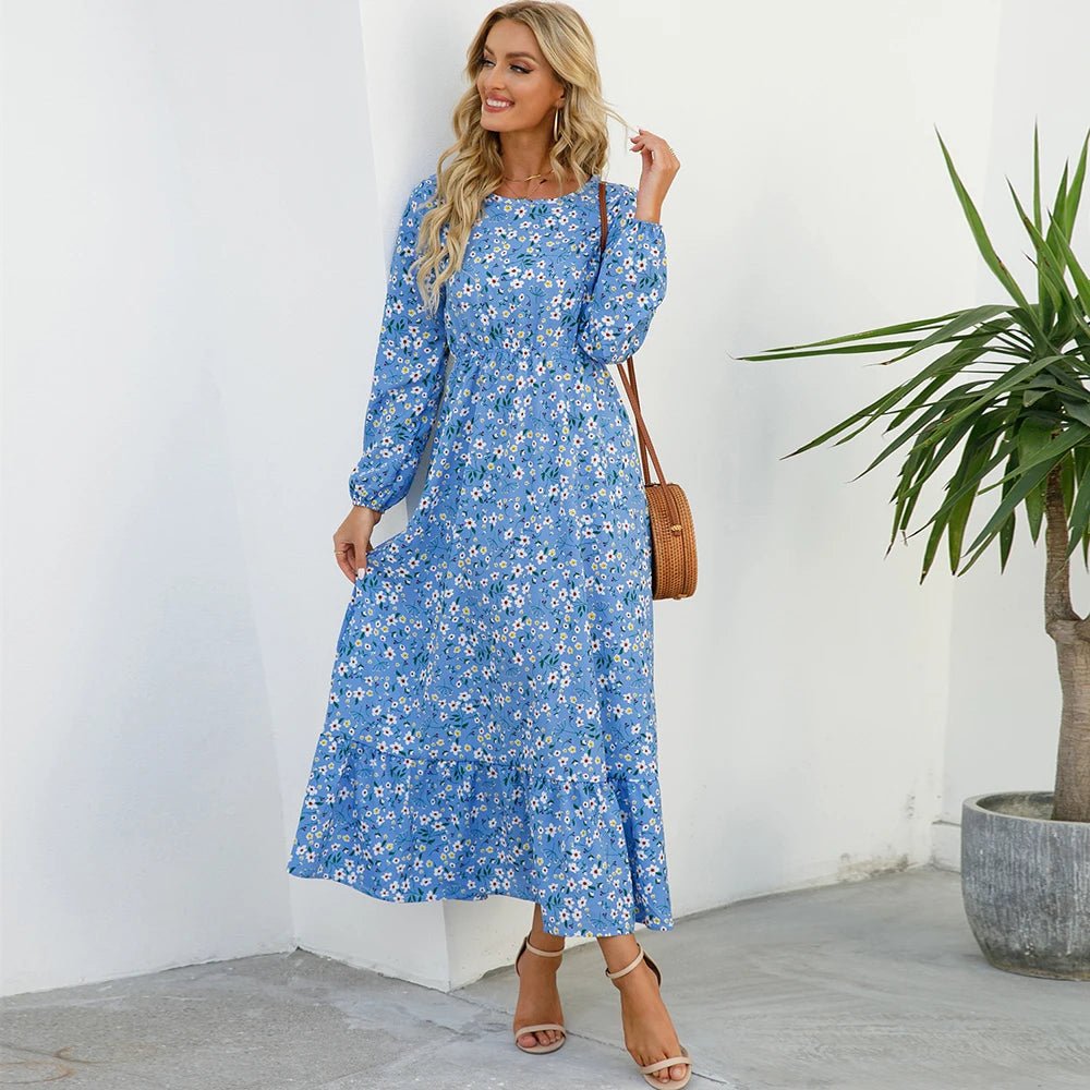 Women Maxi Dresses Sping Autumn Bohemian Casual Full Sleeve High Waist Beach Woman Chiffon Dresses Floral Vestidoes Long Dress - Clothesfassion.store