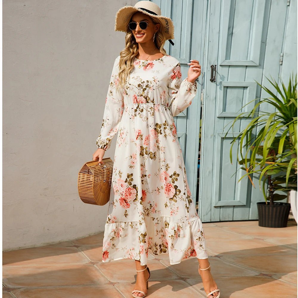 Women Maxi Dresses Sping Autumn Bohemian Casual Full Sleeve High Waist Beach Woman Chiffon Dresses Floral Vestidoes Long Dress - Clothesfassion.store