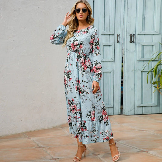 Women Maxi Dresses Sping Autumn Bohemian Casual Full Sleeve High Waist Beach Woman Chiffon Dresses Floral Vestidoes Long Dress - Clothesfassion.store