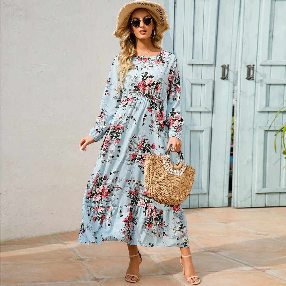 Women Maxi Dresses Sping Autumn Bohemian Casual Full Sleeve High Waist Beach Woman Chiffon Dresses Floral Vestidoes Long Dress - Clothesfassion.store
