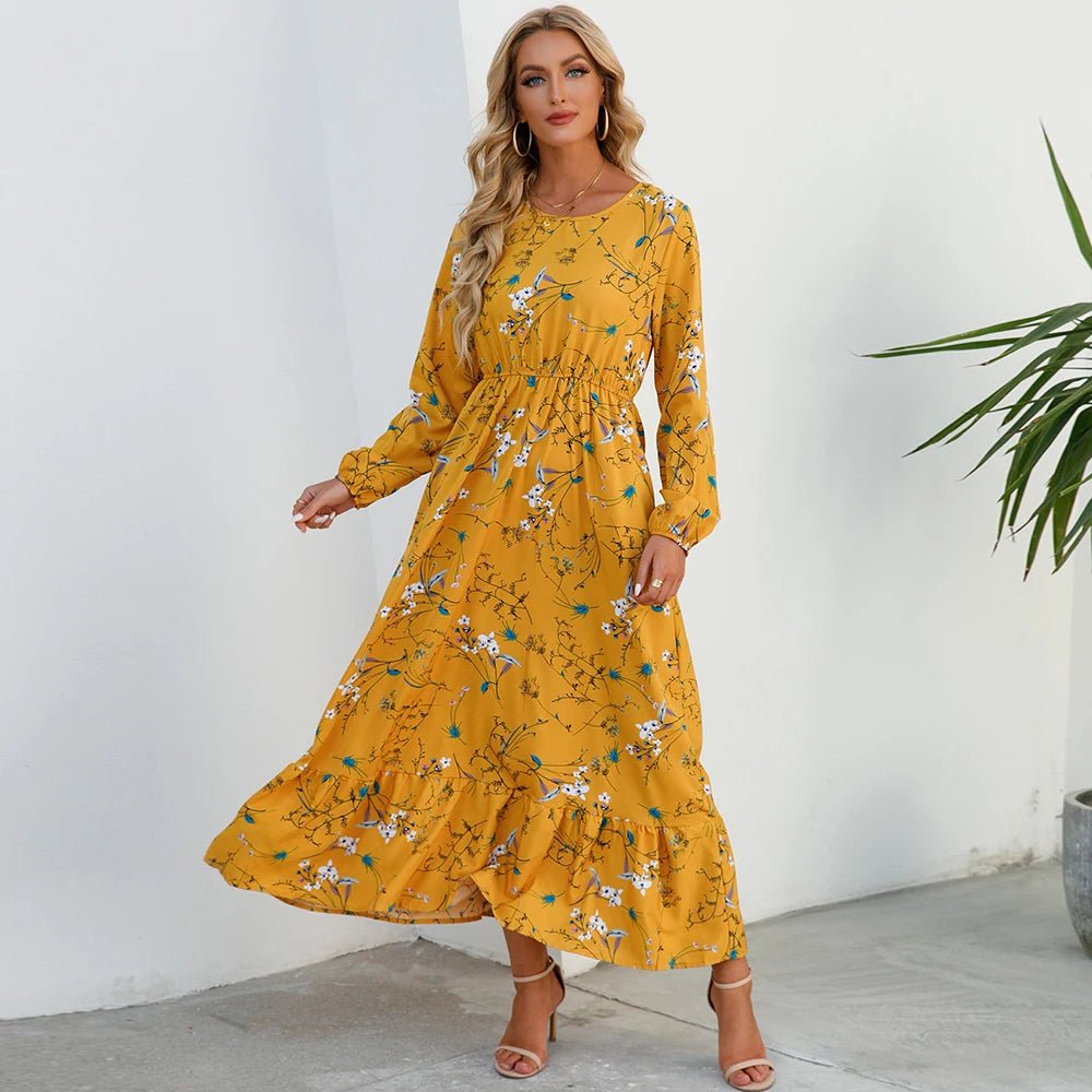 Women Maxi Dresses Sping Autumn Bohemian Casual Full Sleeve High Waist Beach Woman Chiffon Dresses Floral Vestidoes Long Dress - Clothesfassion.store