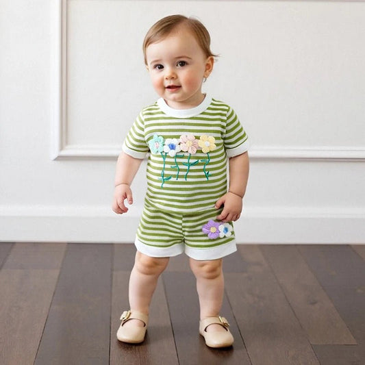 Women s Casual Summer Outfits Short Sleeve Round Neck Floral Embroidered Striped Blouse and Drawstring Shorts Matching Set - Clothesfassion.store