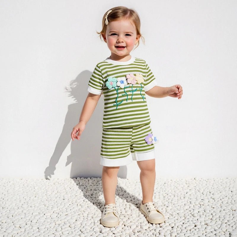 Women s Casual Summer Outfits Short Sleeve Round Neck Floral Embroidered Striped Blouse and Drawstring Shorts Matching Set - Clothesfassion.store