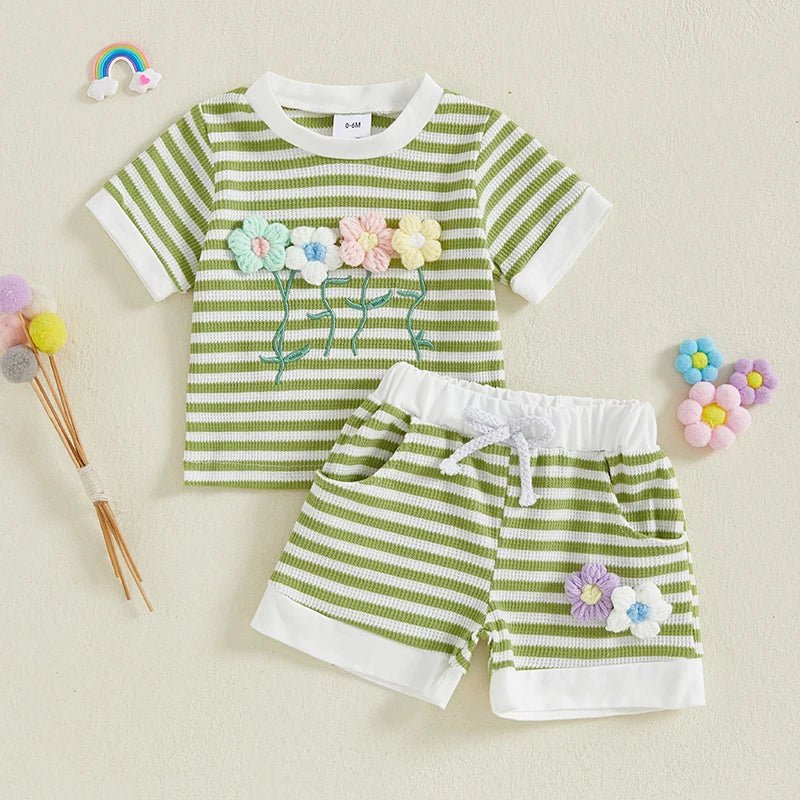 Women s Casual Summer Outfits Short Sleeve Round Neck Floral Embroidered Striped Blouse and Drawstring Shorts Matching Set - Clothesfassion.store