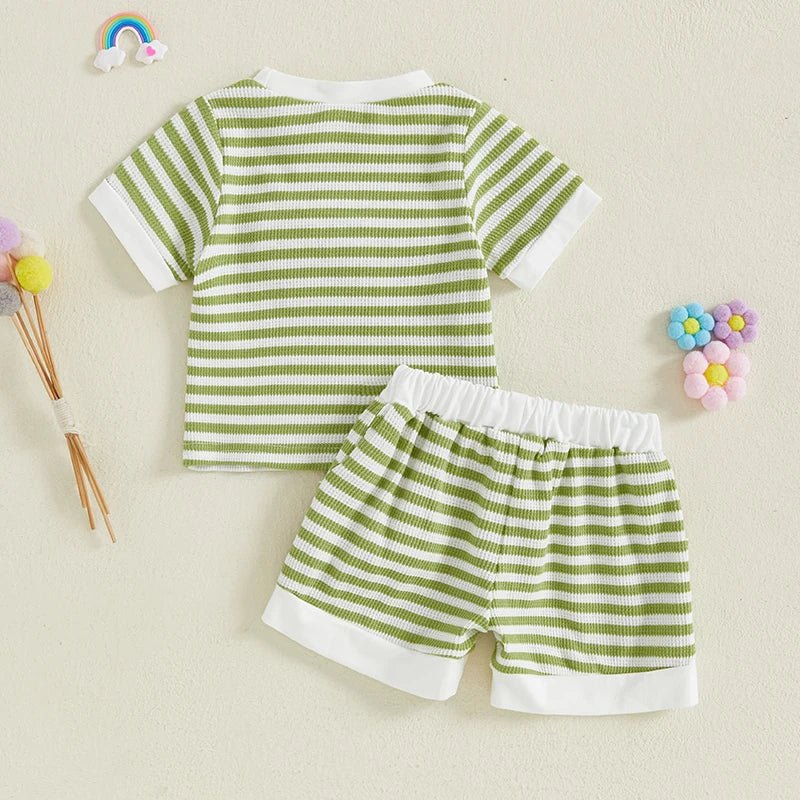 Women s Casual Summer Outfits Short Sleeve Round Neck Floral Embroidered Striped Blouse and Drawstring Shorts Matching Set - Clothesfassion.store