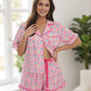 Women s Cozy Lounge Set with Tropical Print Short Sleeve Button Up Shirt and Matching Ruffled Shorts for Summer Relaxation - Clothesfassion.store