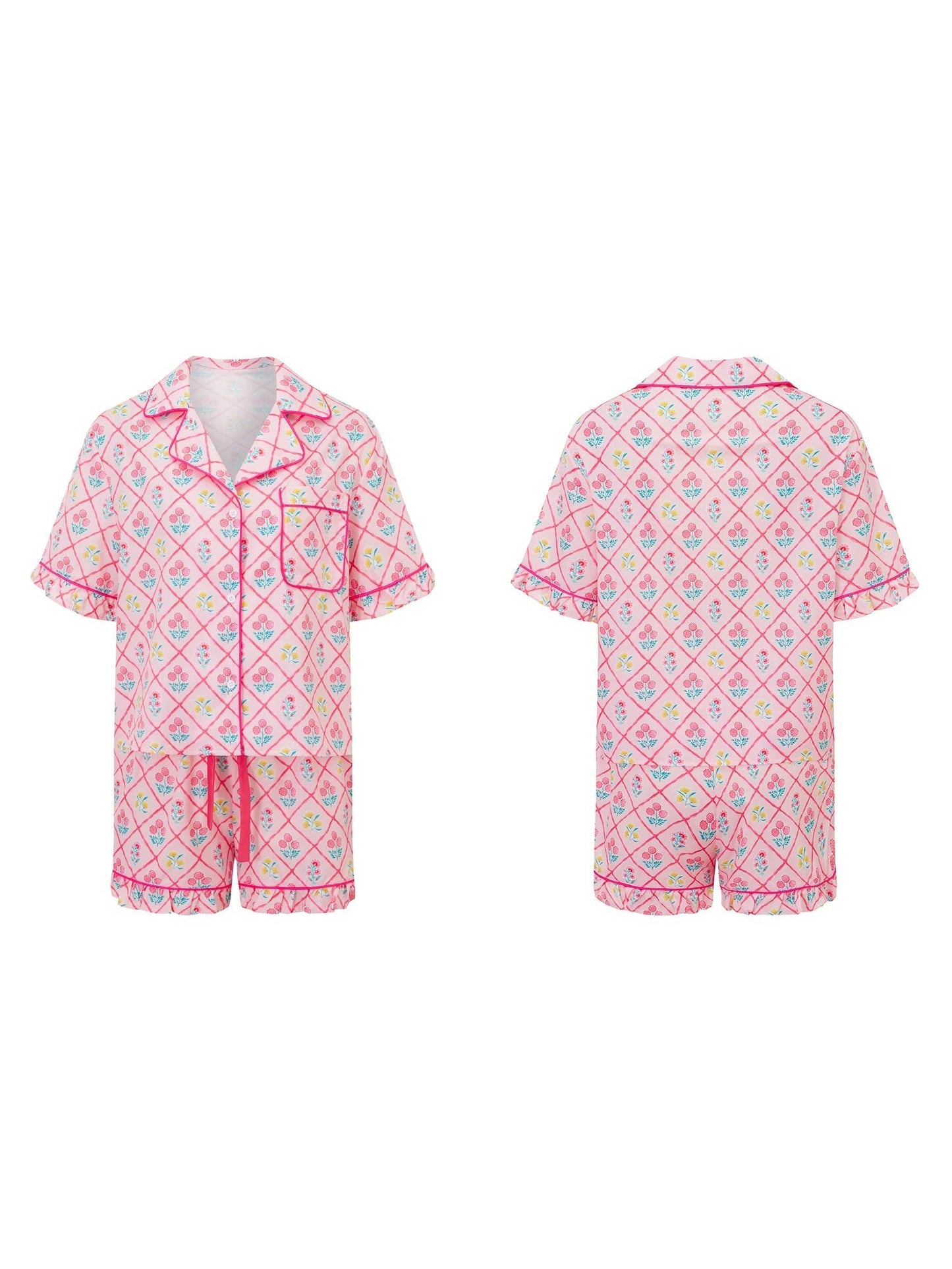 Women s Cozy Lounge Set with Tropical Print Short Sleeve Button Up Shirt and Matching Ruffled Shorts for Summer Relaxation - Clothesfassion.store