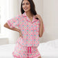 Women s Cozy Lounge Set with Tropical Print Short Sleeve Button Up Shirt and Matching Ruffled Shorts for Summer Relaxation - Clothesfassion.store