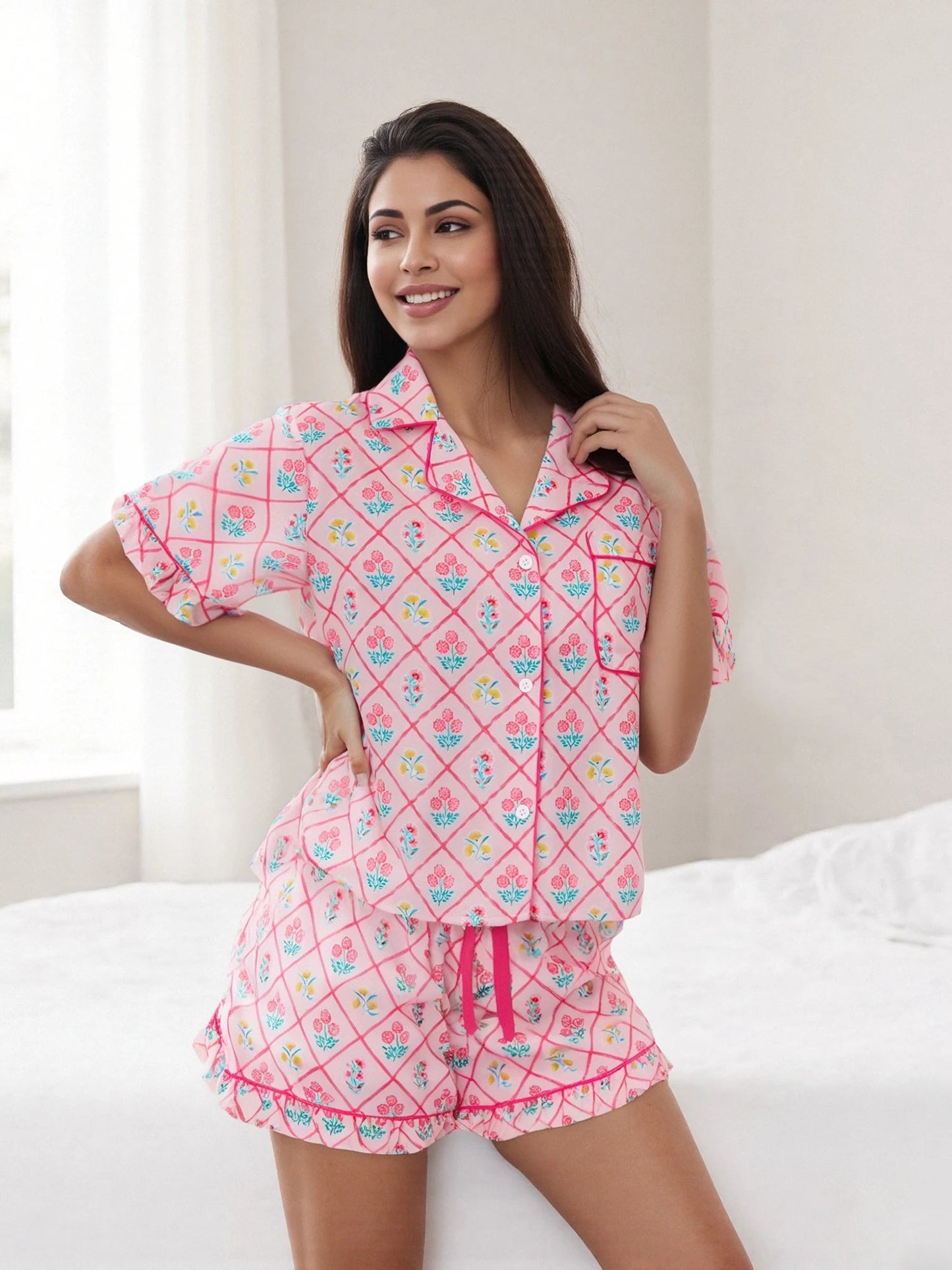 Women s Cozy Lounge Set with Tropical Print Short Sleeve Button Up Shirt and Matching Ruffled Shorts for Summer Relaxation - Clothesfassion.store