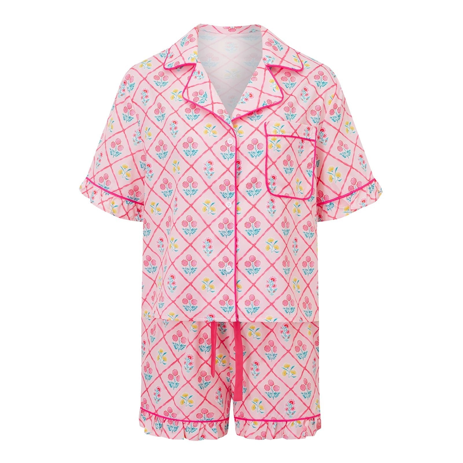 Women s Cozy Lounge Set with Tropical Print Short Sleeve Button Up Shirt and Matching Ruffled Shorts for Summer Relaxation - Clothesfassion.store