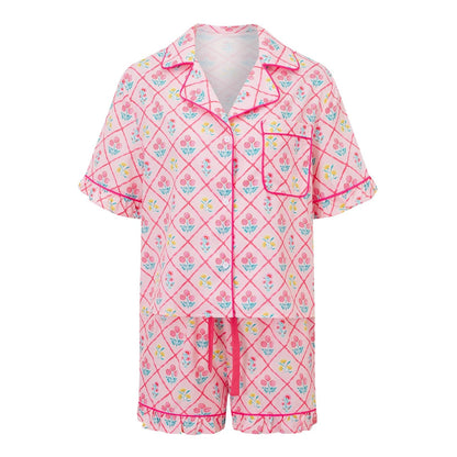 Women s Cozy Lounge Set with Tropical Print Short Sleeve Button Up Shirt and Matching Ruffled Shorts for Summer Relaxation - Clothesfassion.store