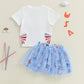 Women s Independence Day Clothing Short Sleeve Round Neck Bow Letter Embroidery Blouse A - line Tulle Skirt Ensemble - Clothesfassion.store