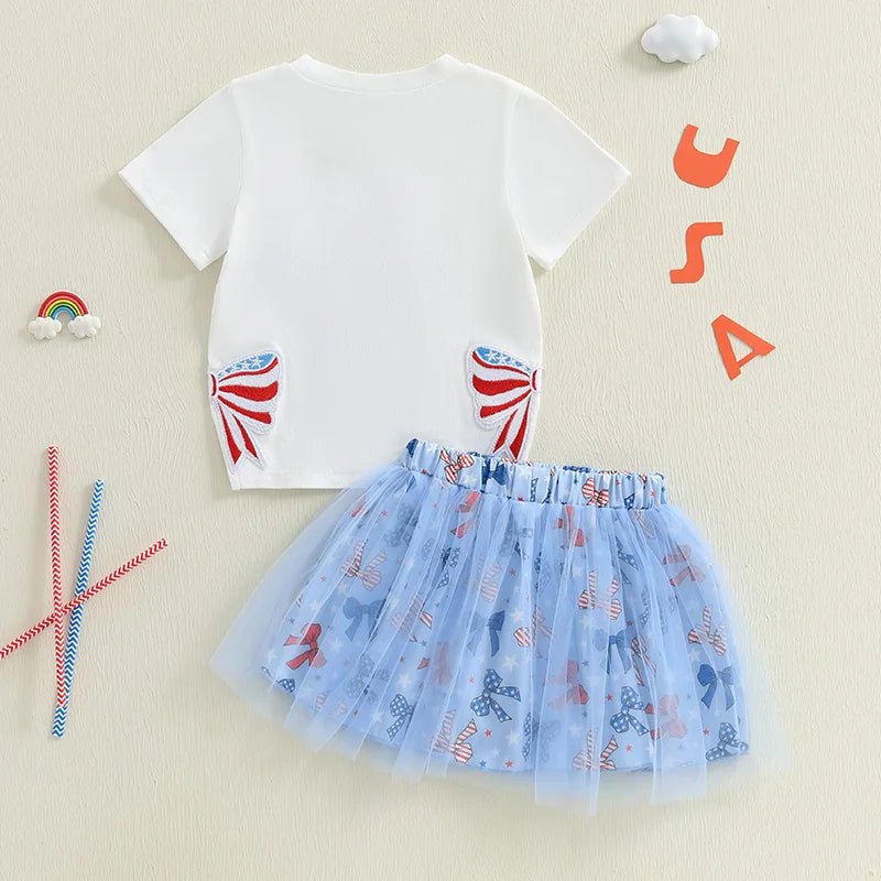 Women s Independence Day Clothing Short Sleeve Round Neck Bow Letter Embroidery Blouse A - line Tulle Skirt Ensemble - Clothesfassion.store