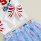 Women s Independence Day Clothing Short Sleeve Round Neck Bow Letter Embroidery Blouse A - line Tulle Skirt Ensemble - Clothesfassion.store