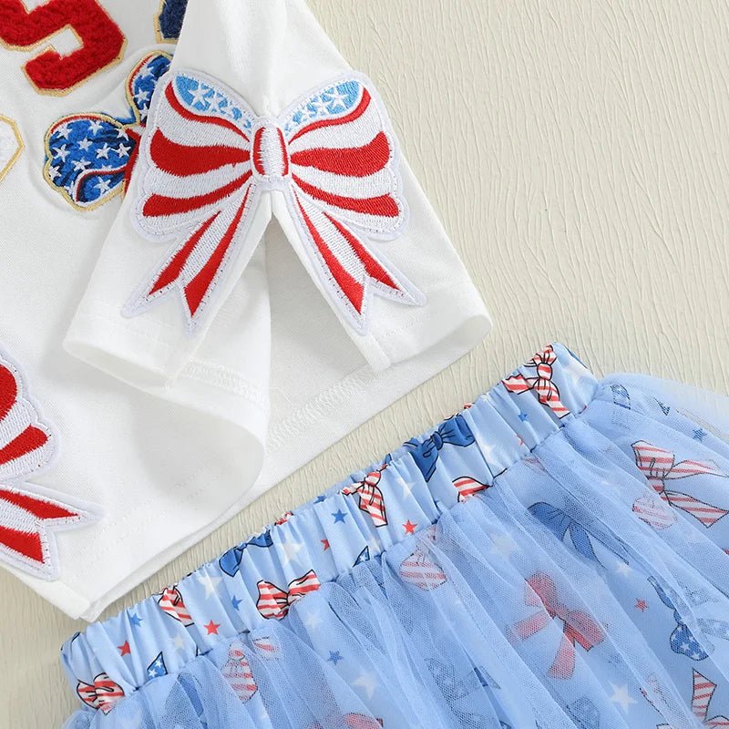 Women s Independence Day Clothing Short Sleeve Round Neck Bow Letter Embroidery Blouse A - line Tulle Skirt Ensemble - Clothesfassion.store
