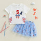 Women s Independence Day Clothing Short Sleeve Round Neck Bow Letter Embroidery Blouse A - line Tulle Skirt Ensemble - Clothesfassion.store
