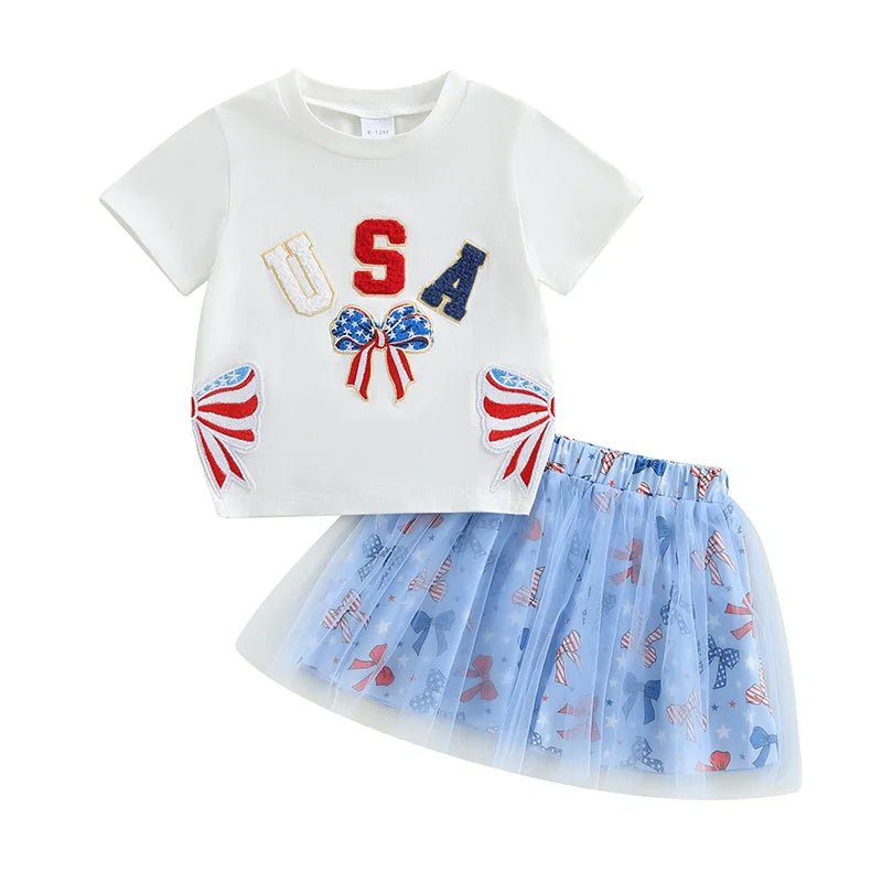 Women s Independence Day Clothing Short Sleeve Round Neck Bow Letter Embroidery Blouse A - line Tulle Skirt Ensemble - Clothesfassion.store