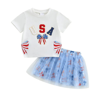 Women s Independence Day Clothing Short Sleeve Round Neck Bow Letter Embroidery Blouse A - line Tulle Skirt Ensemble - Clothesfassion.store