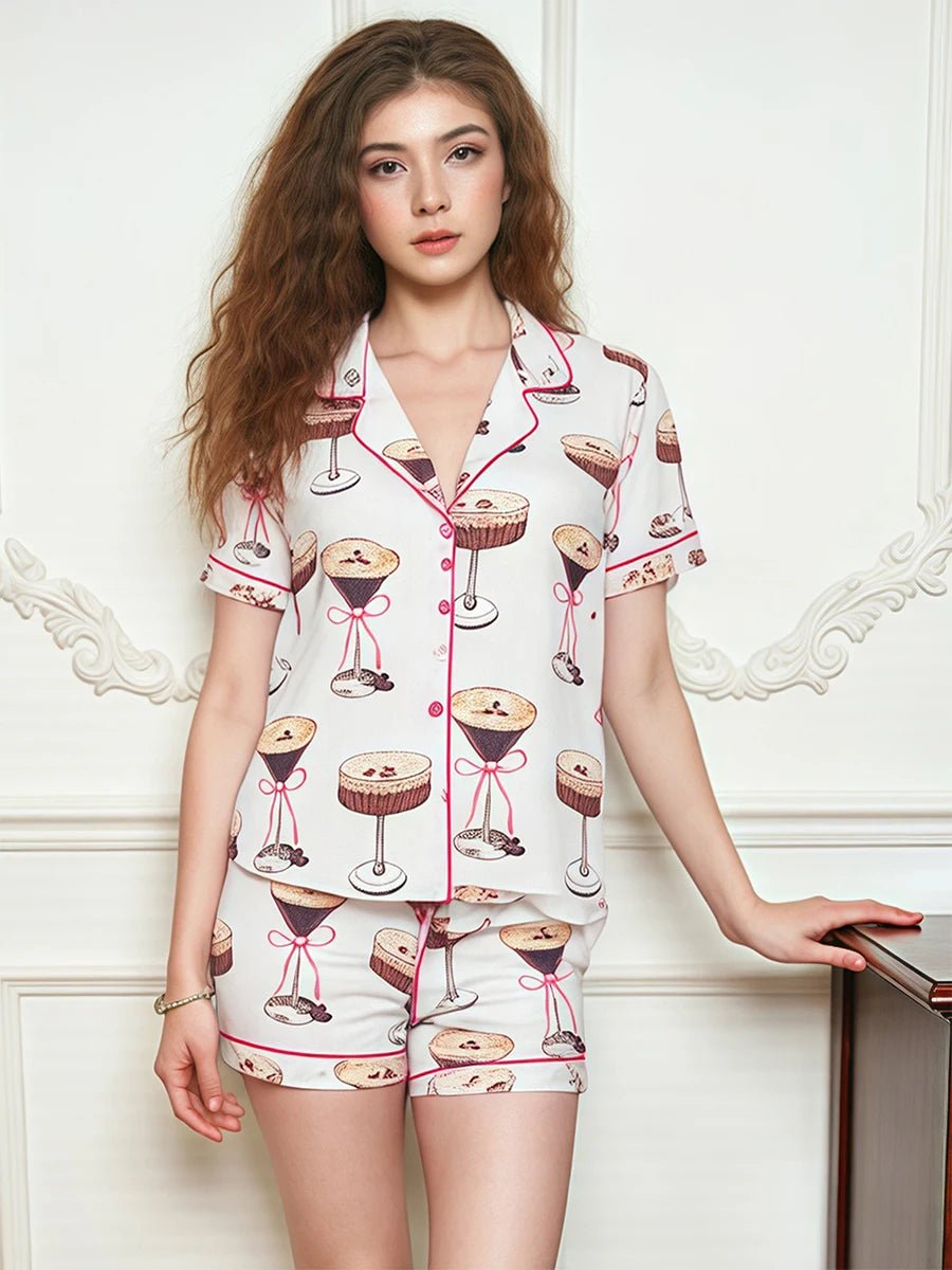 Women s Summer Lounge Set Short Sleeve Lapel Bow Goblet Boots Wine Bottle Print Shirt Shorts Sleepwear Sets with Matching - Clothesfassion.store