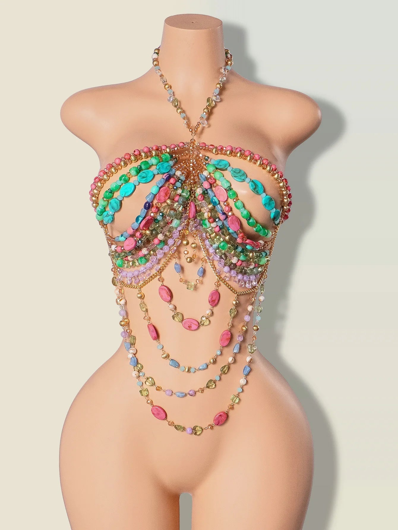 Women Tops Beaded Camisole Vest Bikini Bra Top Body Exaggerated Pearl Neck Bustier Beachwear Lingerie Woman's Club Rave - Clothesfassion.store
