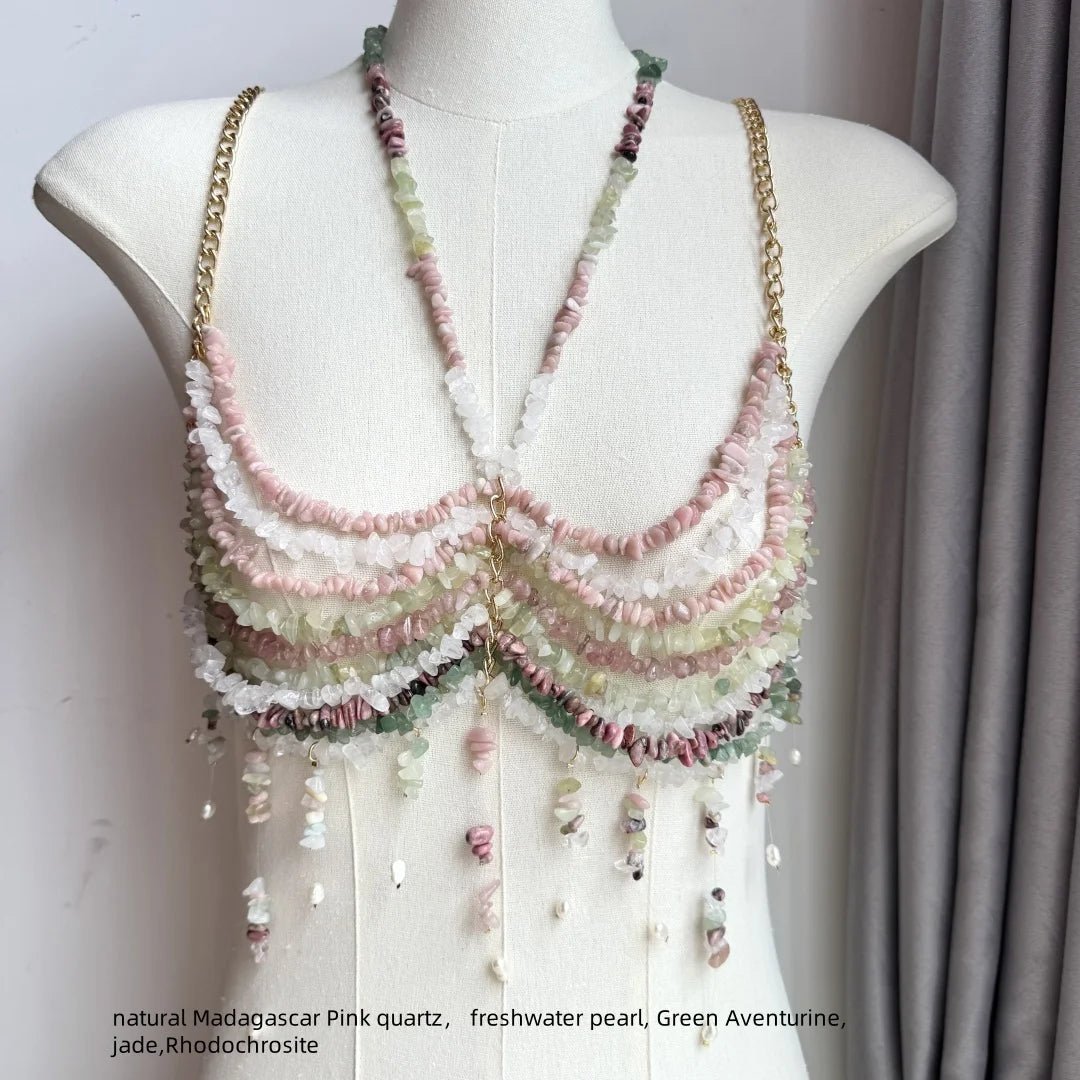 Women Tops Beaded Camisole Vest Bikini Bra Top Body Exaggerated Pearl Neck Bustier Beachwear Lingerie Woman's Club Rave - Clothesfassion.store