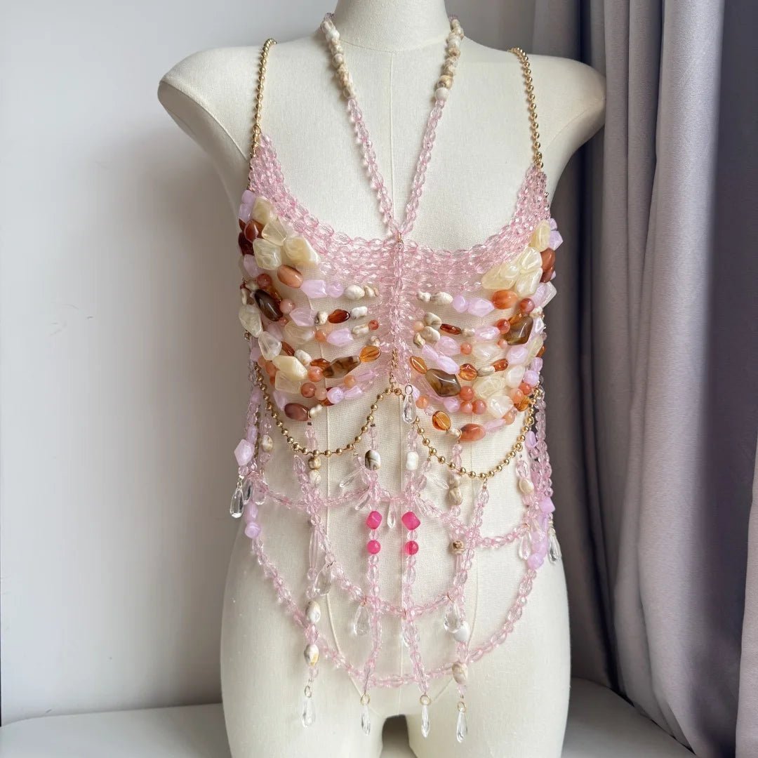 Women Tops Beaded Camisole Vest Bikini Bra Top Body Exaggerated Pearl Neck Bustier Beachwear Lingerie Woman's Club Rave - Clothesfassion.store