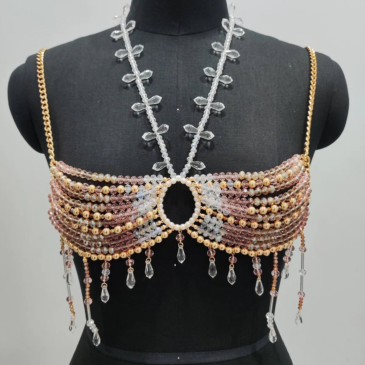 Women Tops Beaded Camisole Vest Bikini Bra Top Body Exaggerated Pearl Neck Bustier Beachwear Lingerie Woman's Club Rave - Clothesfassion.store