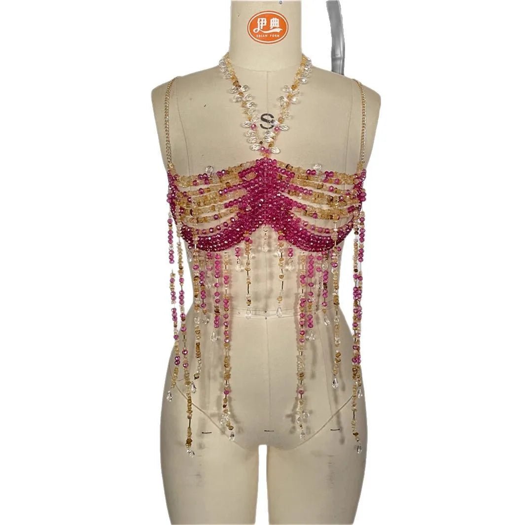 Women Tops Beaded Camisole Vest Bikini Bra Top Body Exaggerated Pearl Neck Bustier Beachwear Lingerie Woman's Club Rave - Clothesfassion.store