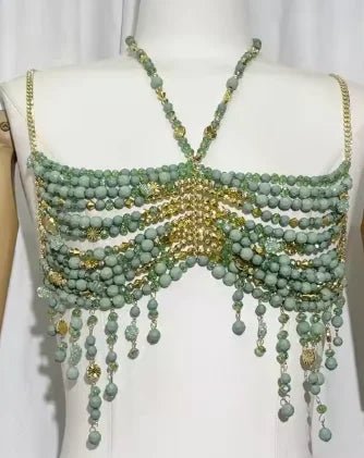 Women Tops Beaded Camisole Vest Bikini Bra Top Body Exaggerated Pearl Neck Bustier Beachwear Lingerie Woman's Club Rave - Clothesfassion.store