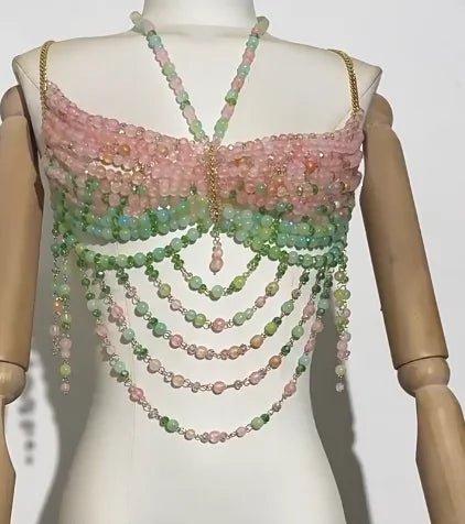 Women Tops Beaded Camisole Vest Bikini Bra Top Body Exaggerated Pearl Neck Bustier Beachwear Lingerie Woman's Club Rave - Clothesfassion.store