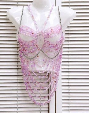 Women Tops Beaded Camisole Vest Bikini Bra Top Body Exaggerated Pearl Neck Bustier Beachwear Lingerie Woman's Club Rave - Clothesfassion.store
