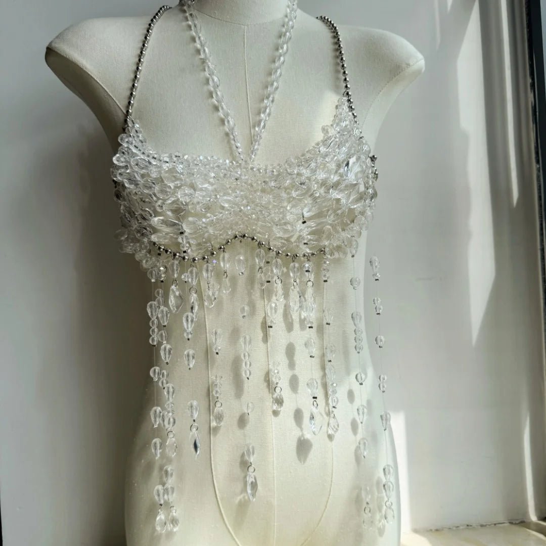 Women Tops Beaded Camisole Vest Bikini Bra Top Body Exaggerated Pearl Neck Bustier Beachwear Lingerie Woman's Club Rave - Clothesfassion.store