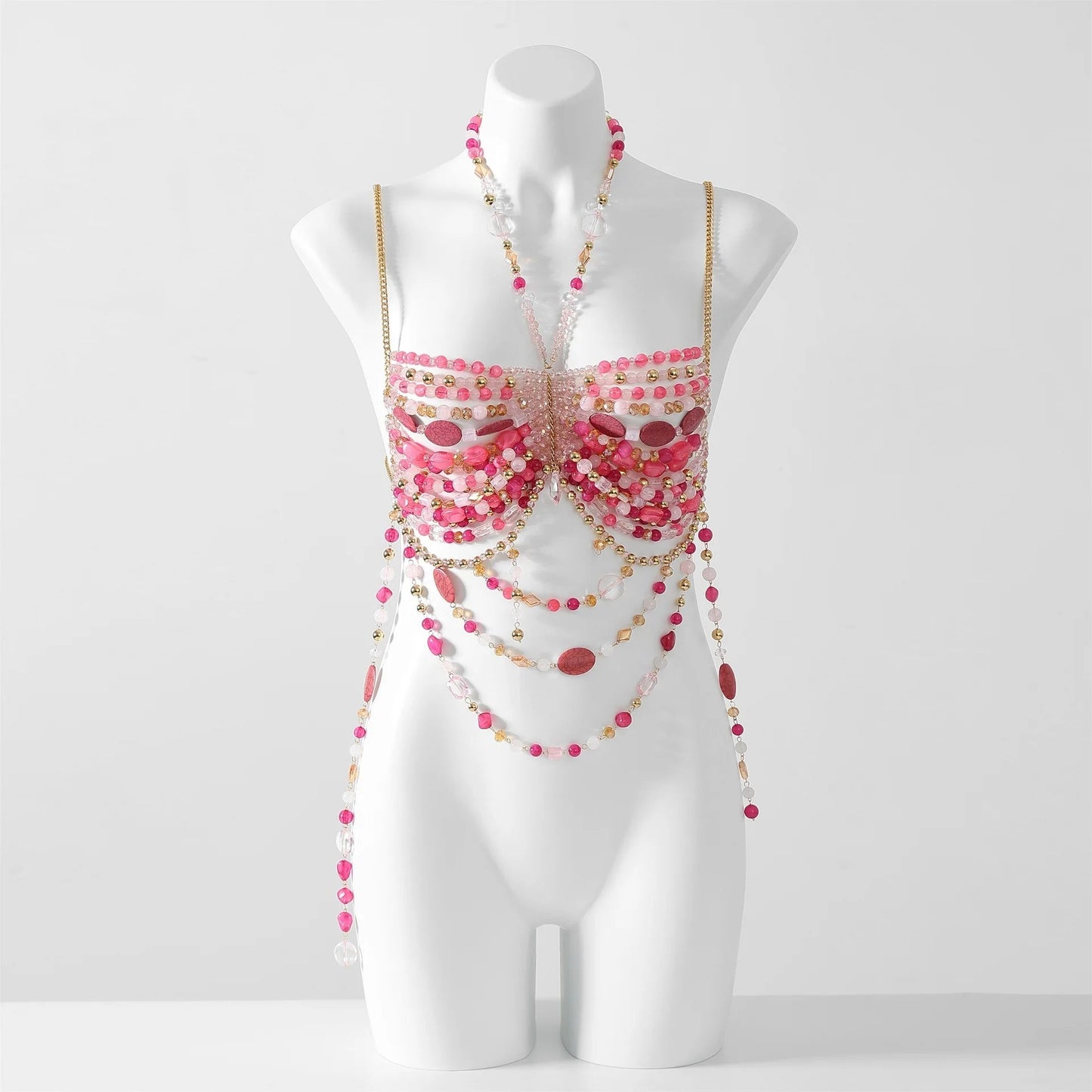 Women Tops Beaded Camisole Vest Bikini Bra Top Body Exaggerated Pearl Neck Bustier Beachwear Lingerie Woman's Club Rave - Clothesfassion.store