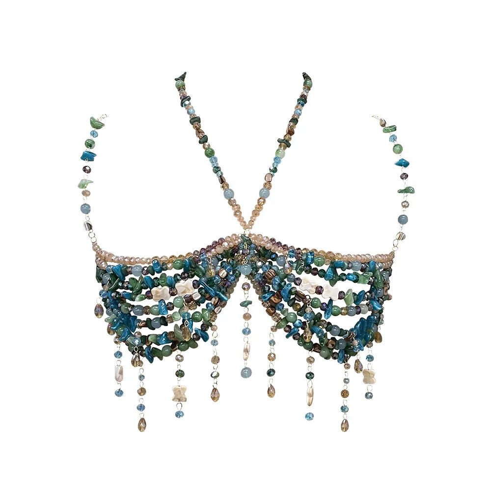 Women Tops Beaded Camisole Vest Bikini Bra Top Body Exaggerated Pearl Neck Bustier Beachwear Lingerie Woman's Club Rave - Clothesfassion.store