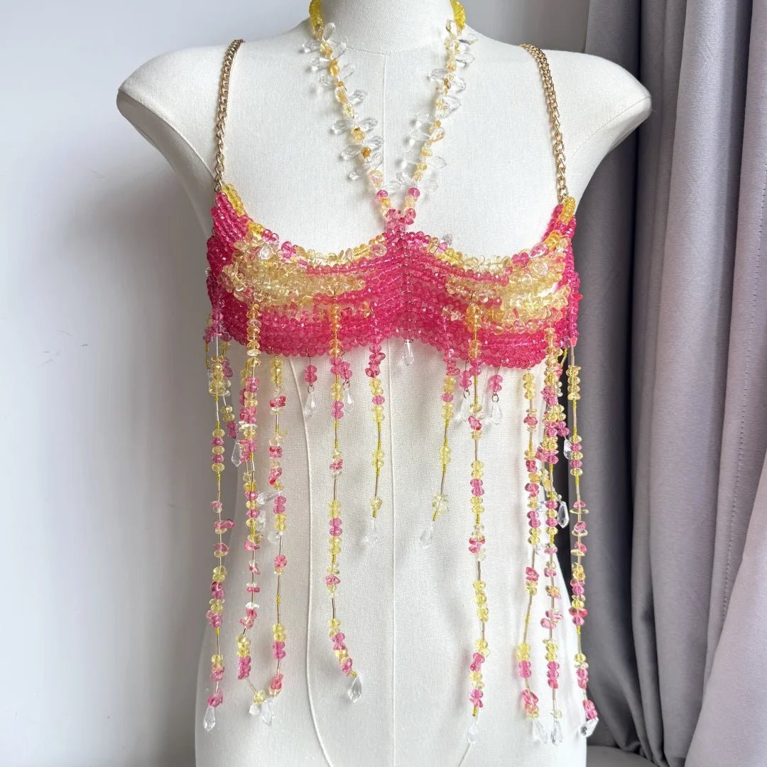 Women Tops Beaded Camisole Vest Bikini Bra Top Body Exaggerated Pearl Neck Bustier Beachwear Lingerie Woman's Club Rave - Clothesfassion.store