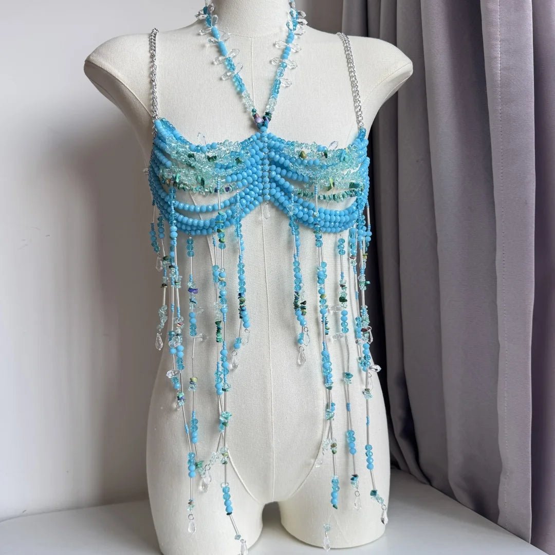 Women Tops Beaded Camisole Vest Bikini Bra Top Body Exaggerated Pearl Neck Bustier Beachwear Lingerie Woman's Club Rave - Clothesfassion.store