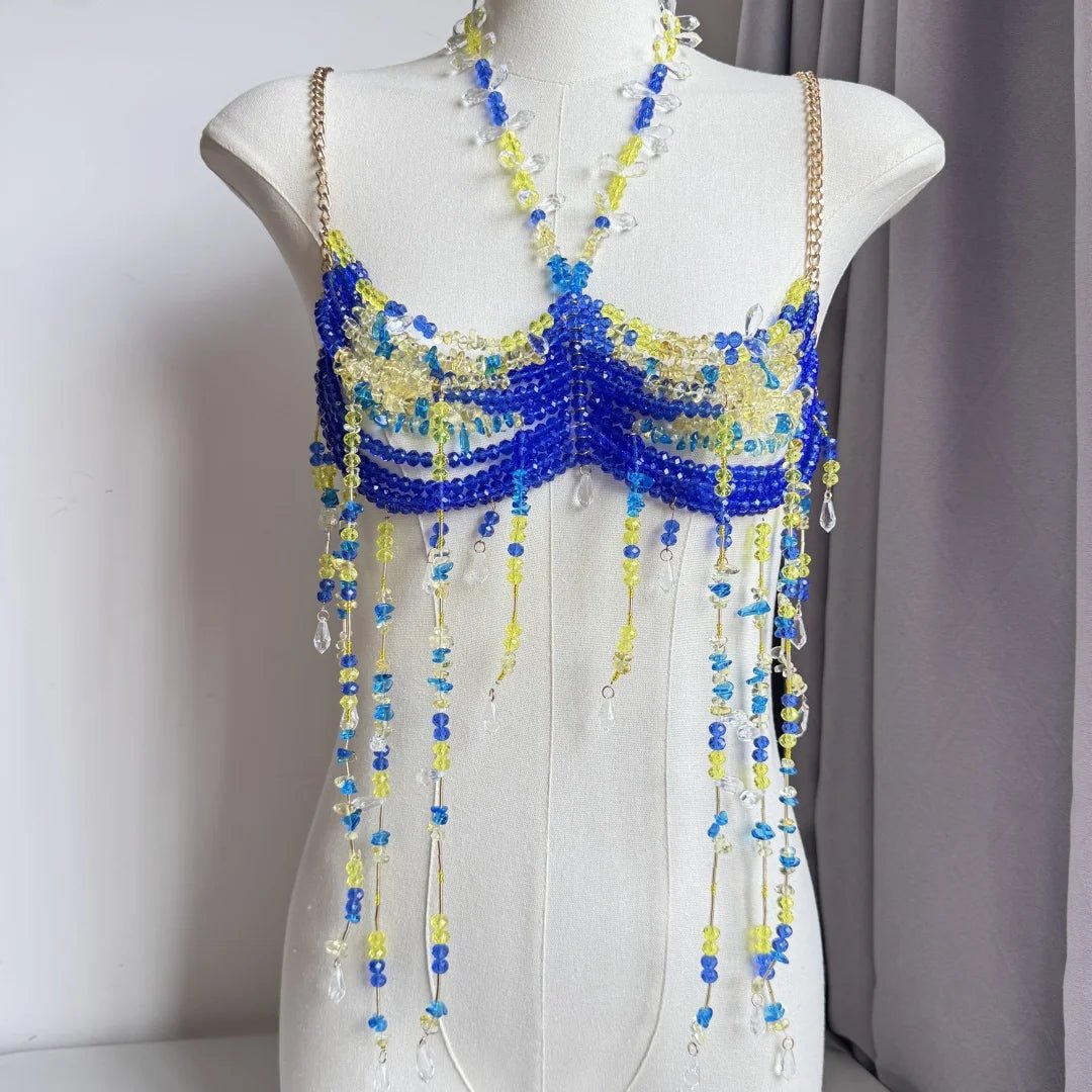 Women Tops Beaded Camisole Vest Bikini Bra Top Body Exaggerated Pearl Neck Bustier Beachwear Lingerie Woman's Club Rave - Clothesfassion.store