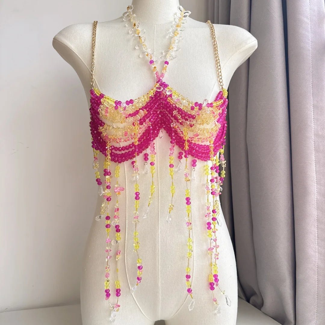 Women Tops Beaded Camisole Vest Bikini Bra Top Body Exaggerated Pearl Neck Bustier Beachwear Lingerie Woman's Club Rave - Clothesfassion.store