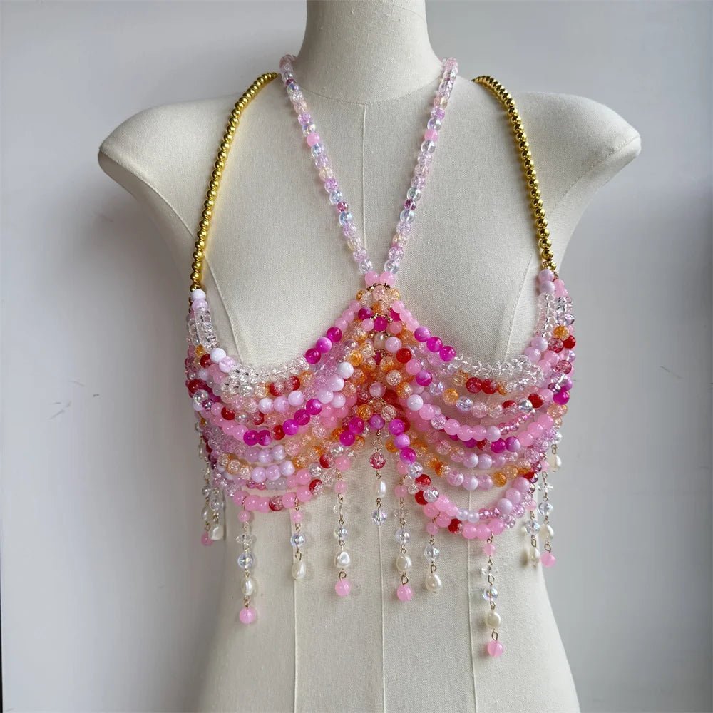 Women Tops Beaded Camisole Vest Bikini Bra Top Body Exaggerated Pearl Neck Bustier Beachwear Lingerie Woman's Club Rave - Clothesfassion.store