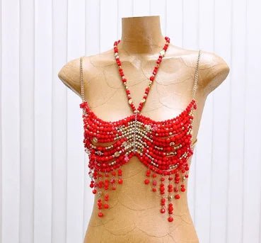 Women Tops Beaded Camisole Vest Bikini Bra Top Body Exaggerated Pearl Neck Bustier Beachwear Lingerie Woman's Club Rave - Clothesfassion.store