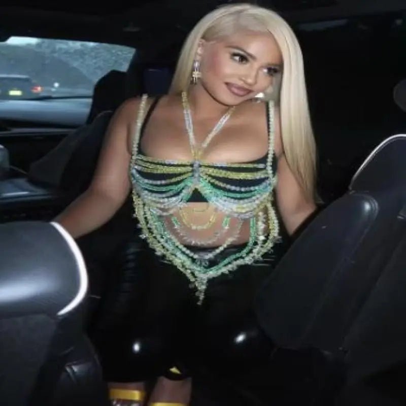Women Tops Beaded Camisole Vest Bikini Bra Top Body Exaggerated Pearl Neck Bustier Beachwear Lingerie Woman's Club Rave - Clothesfassion.store