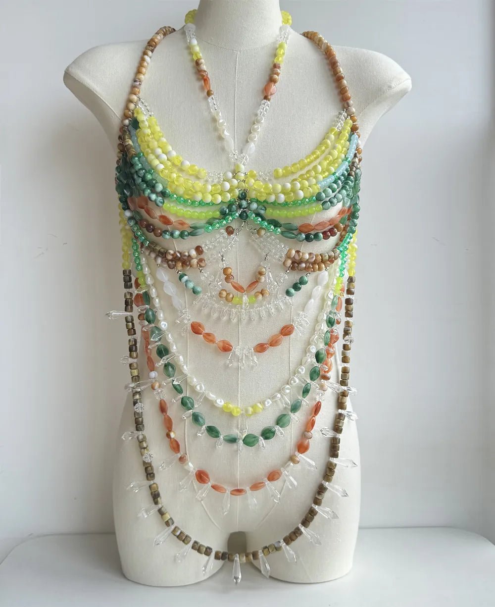 Women Tops Beaded Camisole Vest Bikini Bra Top Body Exaggerated Pearl Neck Bustier Beachwear Lingerie Woman's Club Rave - Clothesfassion.store