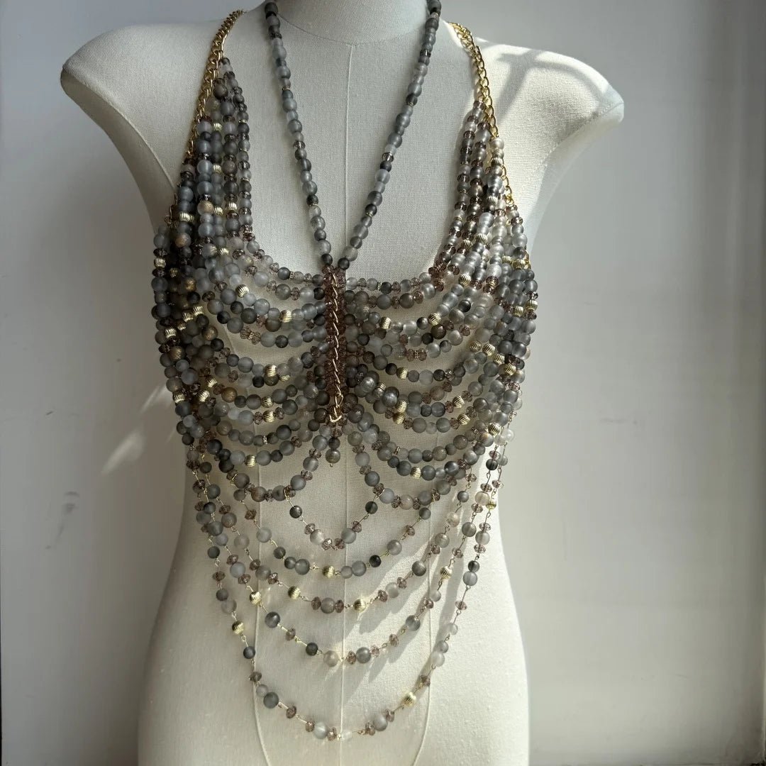 Women Tops Beaded Camisole Vest Bikini Bra Top Body Exaggerated Pearl Neck Bustier Beachwear Lingerie Woman's Club Rave - Clothesfassion.store