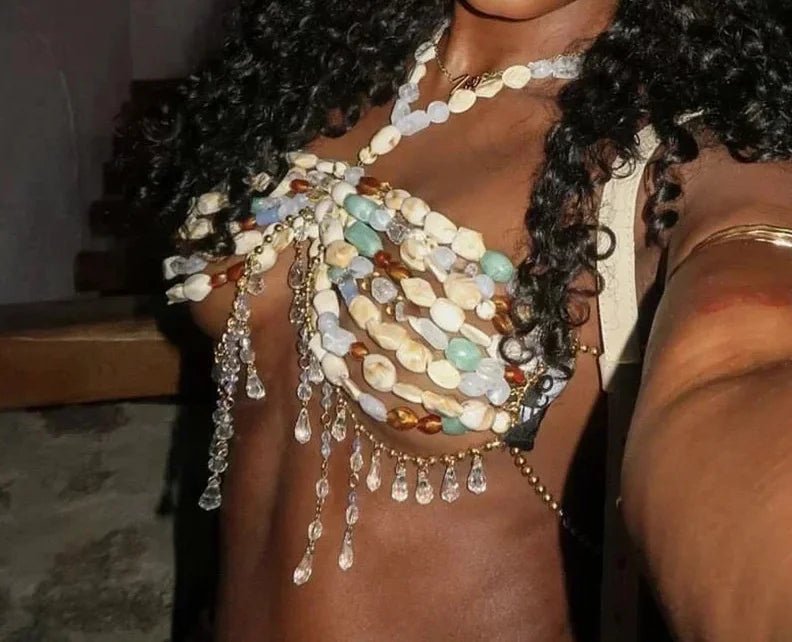 Women Tops Beaded Camisole Vest Bikini Bra Top Body Exaggerated Pearl Neck Bustier Beachwear Lingerie Woman's Club Rave - Clothesfassion.store