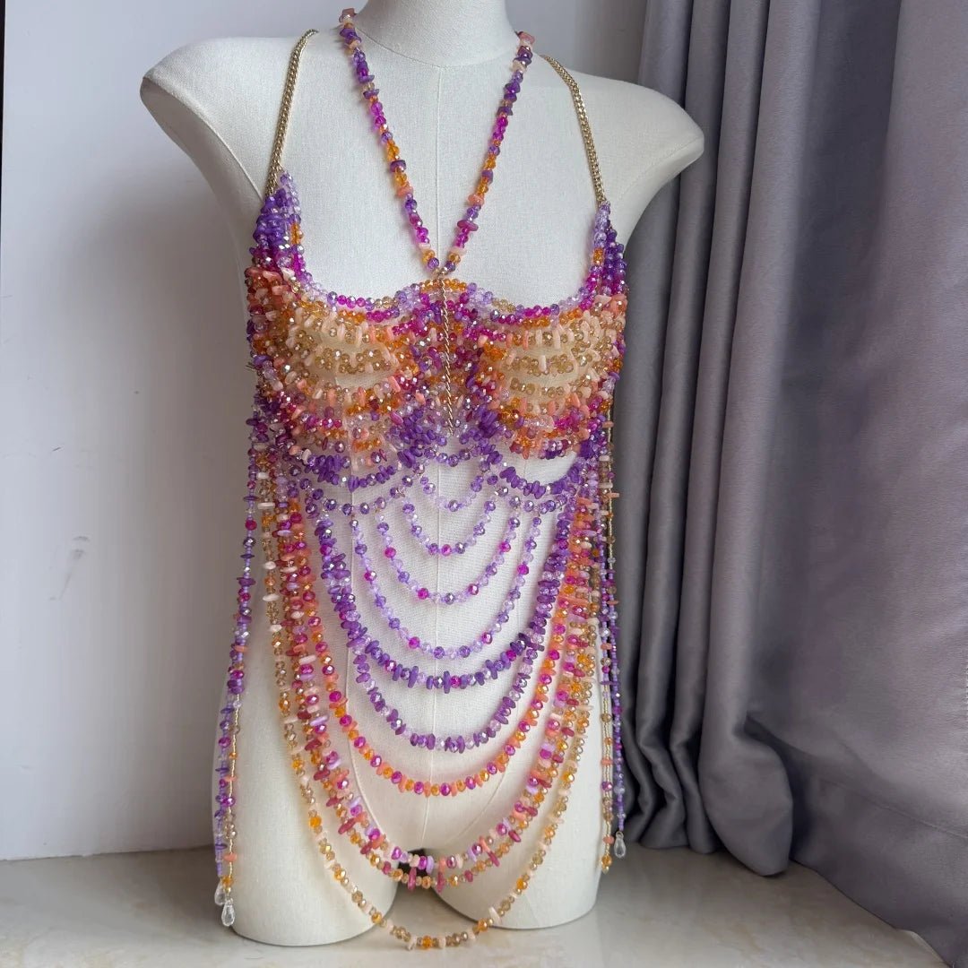 Women Tops Beaded Camisole Vest Bikini Bra Top Body Exaggerated Pearl Neck Bustier Beachwear Lingerie Woman's Club Rave - Clothesfassion.store