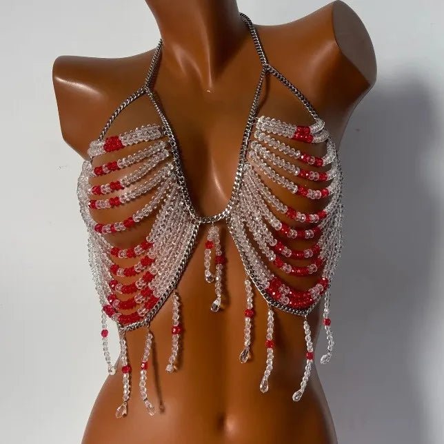 Women Tops Beaded Camisole Vest Bikini Bra Top Body Exaggerated Pearl Neck Bustier Beachwear Lingerie Woman's Club Rave - Clothesfassion.store