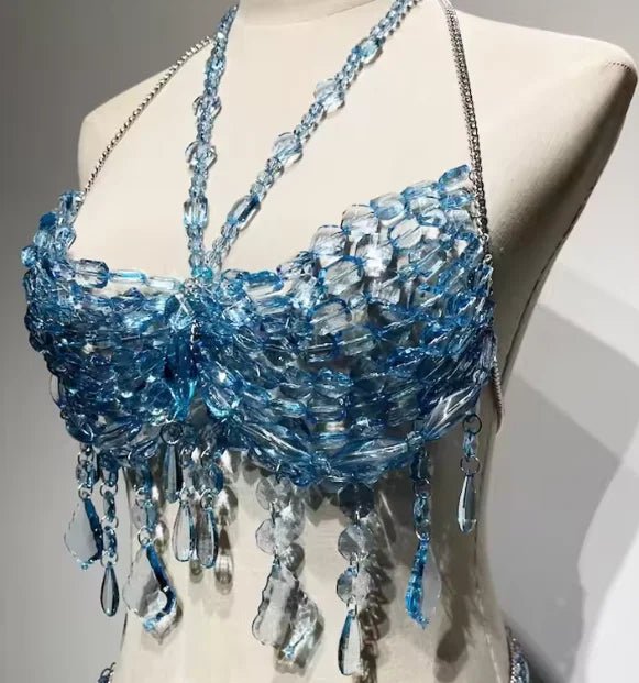 Women Tops Beaded Camisole Vest Bikini Bra Top Body Exaggerated Pearl Neck Bustier Beachwear Lingerie Woman's Club Rave - Clothesfassion.store