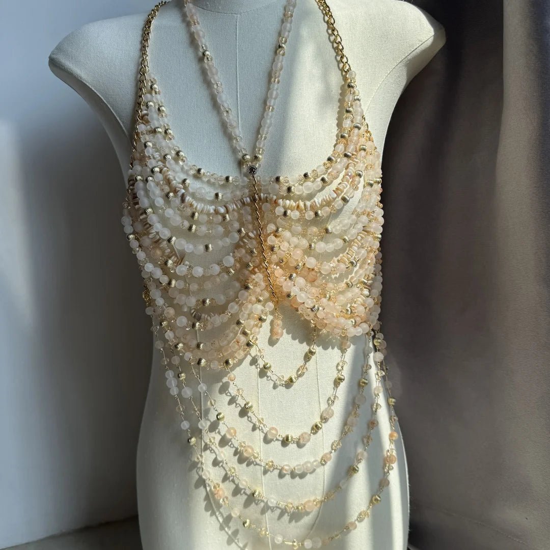 Women Tops Beaded Camisole Vest Bikini Bra Top Body Exaggerated Pearl Neck Bustier Beachwear Lingerie Woman's Club Rave - Clothesfassion.store