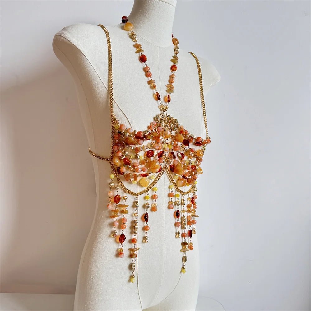 Women Tops Beaded Camisole Vest Bikini Bra Top Body Exaggerated Pearl Neck Bustier Beachwear Lingerie Woman's Club Rave - Clothesfassion.store